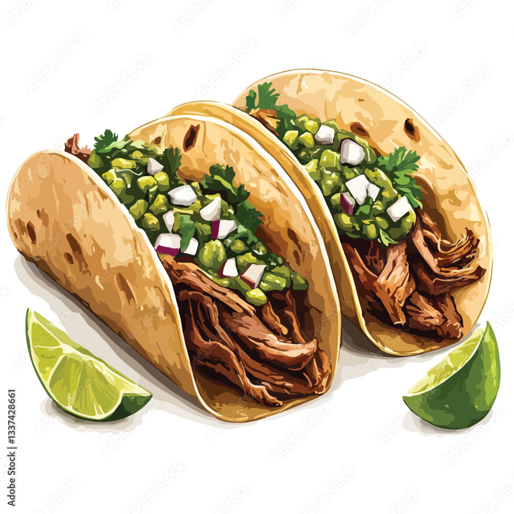 Delicious Carnitas Tacos with Vibrant Salsa Verde and Fresh Lime Slices Vector Illustration