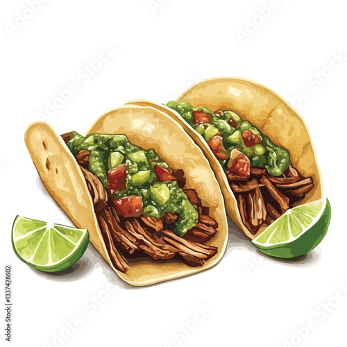 Delicious Carnitas Tacos with Vibrant Salsa Verde and Fresh Lime Slices Vector Illustration