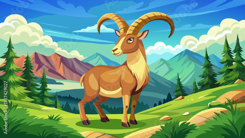 natural male alpine capra ibex capricorn blue sky green meadow