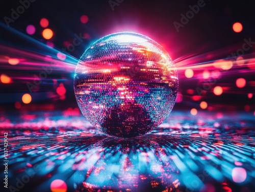 Reflective disco ball on neon dance floor	