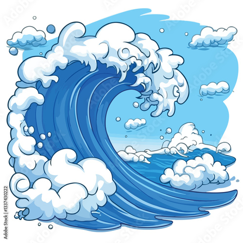 Dynamic Cartoon Illustration of a Massive Wave in Vector Art