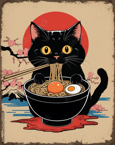A whimsical illustration of a black cat eating ramen, set against a Japanese backdrop of cherry blossoms and a red sun.