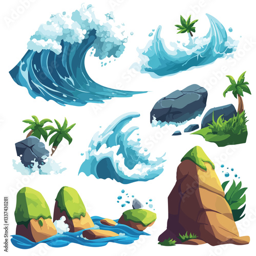 Dynamic Cartoon Illustration of a Massive Wave in Vector Art