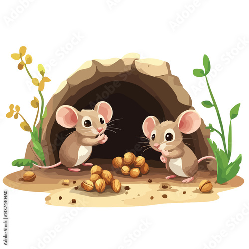 Cute Cartoon Mice Underground - Little Mouse with Seed EPS