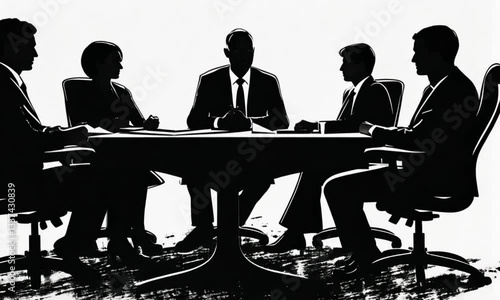 Business meeting, people in formal wear, around table, office