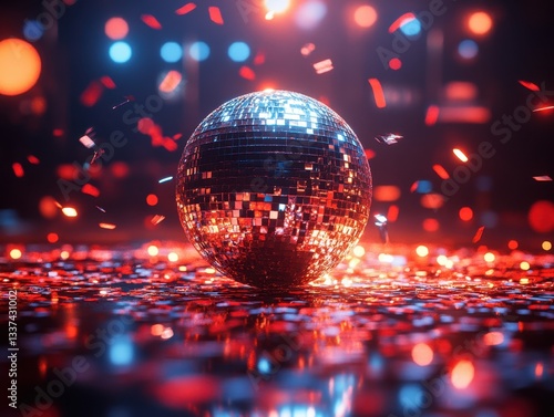 Disco ball surrounded by confetti and lights	