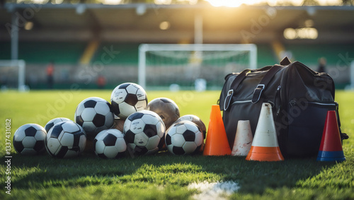 A coach's soccer equipment lies on a soccer field with multiple balls, training cones, and a duffel bag in front of a soccer field.