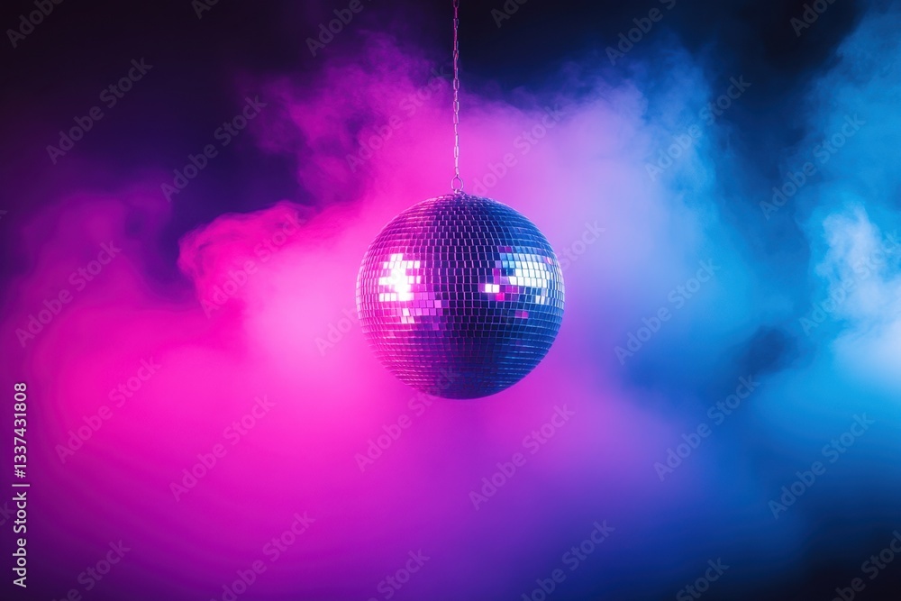 Obraz premium Hanging disco ball in pink and blue mist 