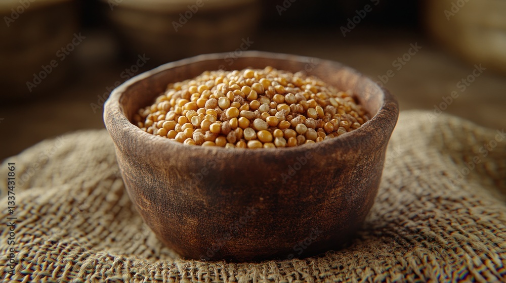 Small bowl of golden seeds on burlap Small bowl of golden seeds on burlap