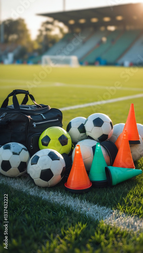 Soccer equipment rests on the green grass next to the field. The soccer balls and cones are ready for game day at the stadium.