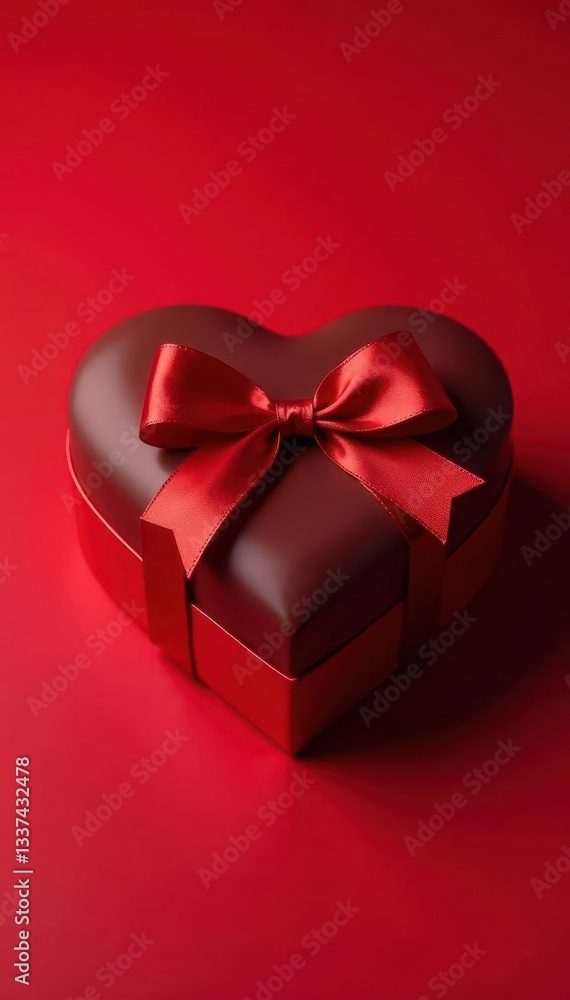 Heart-shaped chocolate box, red background, elegant ribbon , luxury chocolates, holiday Heart-shaped chocolate box, red background, elegant ribbon , luxury chocolates, holiday