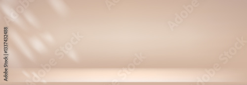 Studio beige gradient background with sunlight . Light neutral wall product room. Minimal pastel table scene. Empty desk stage for beauty cosmetic presentation. Vector illustration. Banner template.
