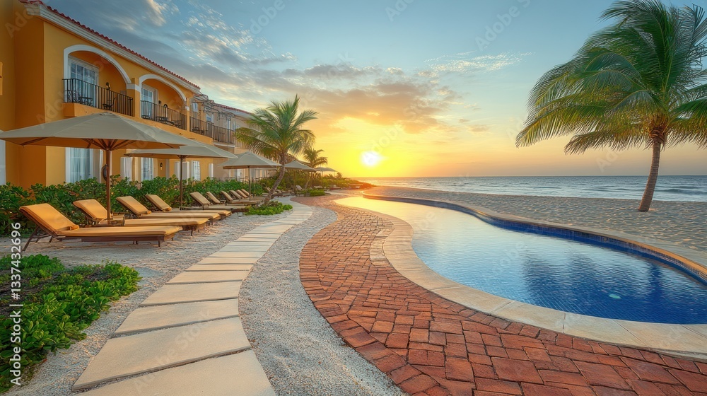 Fototapeta premium Sunrise over beachfront resort pool and suites