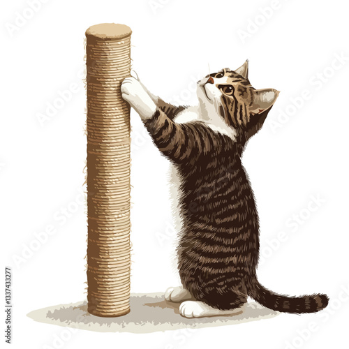 Playful Cat with Scratching Post Vector Illustration