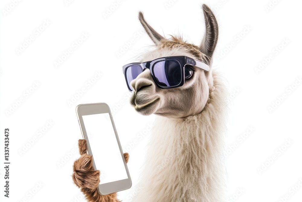 Fototapeta premium Llama checks privacy settings on social media app