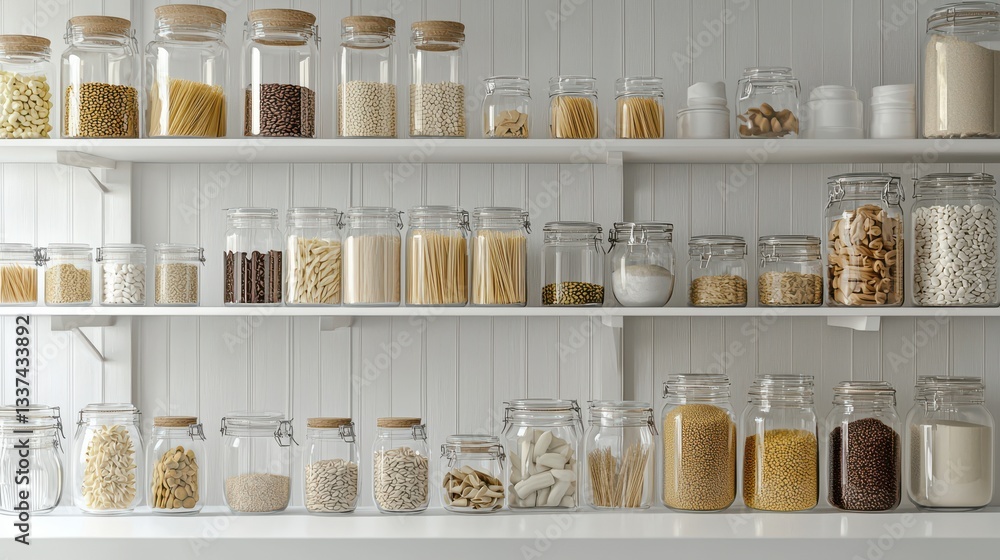 Bright and modern minimalist kitchen with neatly arranged glass jars Bright and modern minimalist kitchen with neatly arranged glass jars