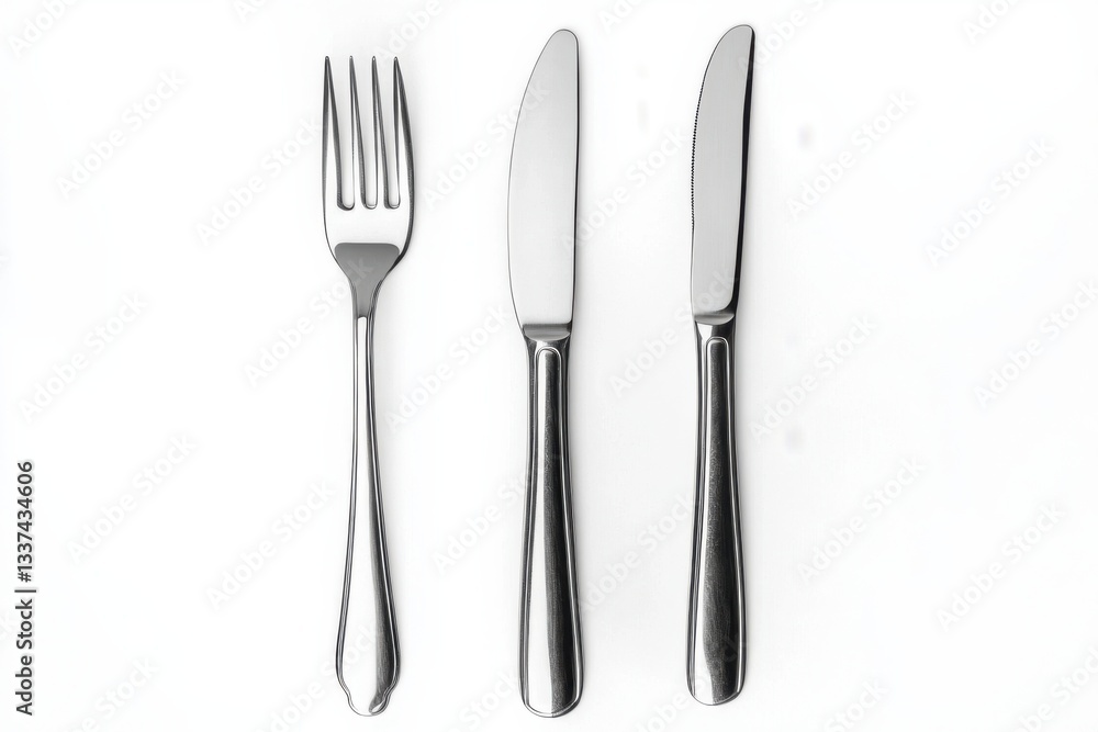 Stainless steel fork and knife set on white background Stainless steel fork and knife set on white background