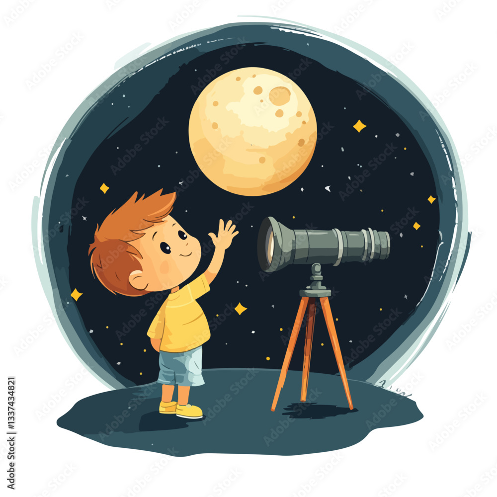 Fototapeta premium Curious Little Boy Looking Through Telescope and Waving