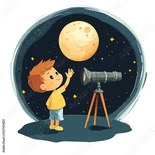 Curious Little Boy Looking Through Telescope and Waving