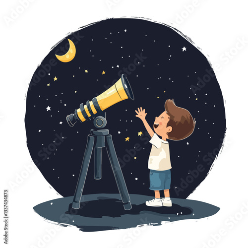 Curious Little Boy Looking Through Telescope and Waving