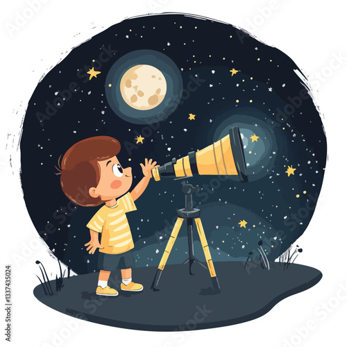 Curious Little Boy Looking Through Telescope and Waving