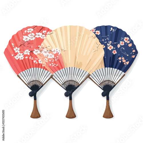 Elegant Chinese Japanese Hand Fan Set on Silk Background