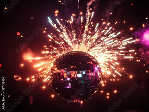 Disco ball with exploding fireworks	