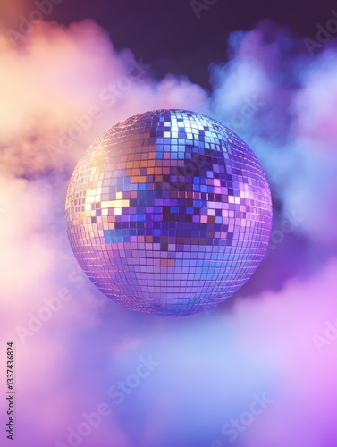 Disco ball floating in colorful mist	