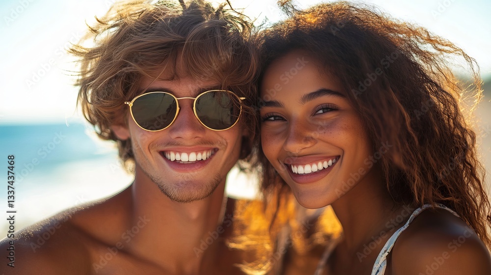 Happy Young Couple Smiling Beach Summer Vacation Romantic Love Outdoors Lifestyle Portrait Photography Sun Happiness Joyful Attractive Models Happy Young Couple Smiling Beach Summer Vacation Romantic Love Outdoors Lifestyle Portrait Photography Sun Happiness Joyful Attractive Models