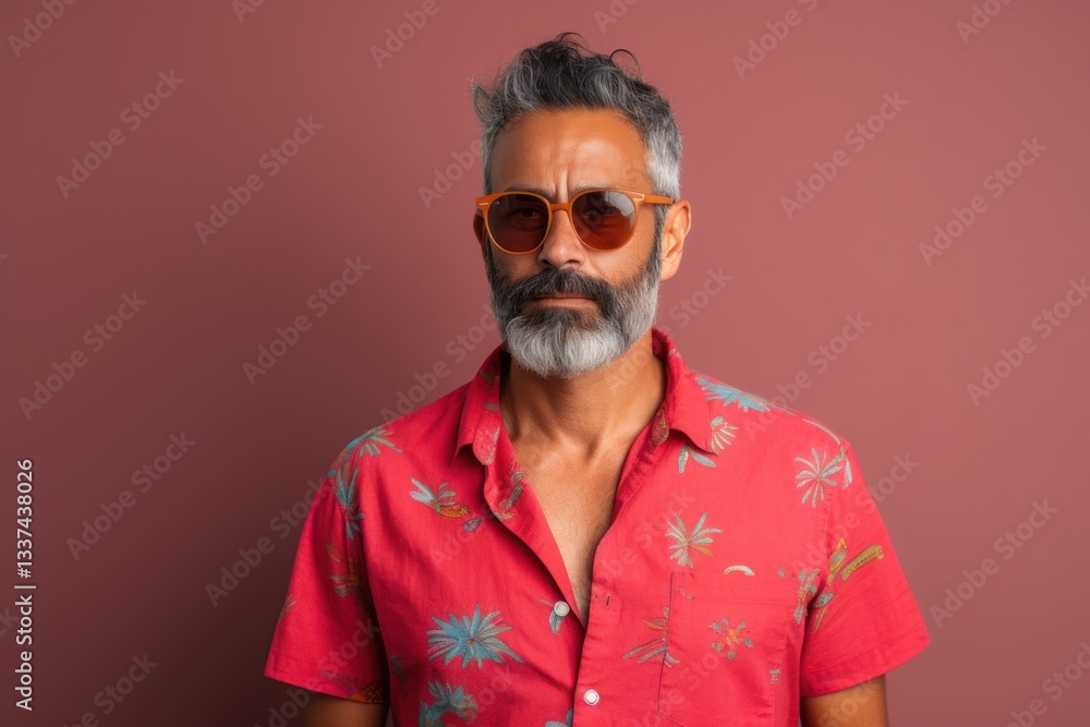 Fototapeta premium A man with a beard and glasses is wearing a red shirt with palm trees on it