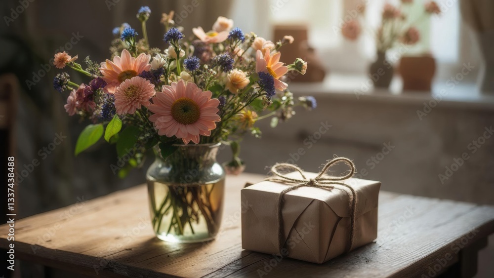 Fototapeta premium Beautiful flowers and a wrapped gift on a rustic wooden table in a cozy room