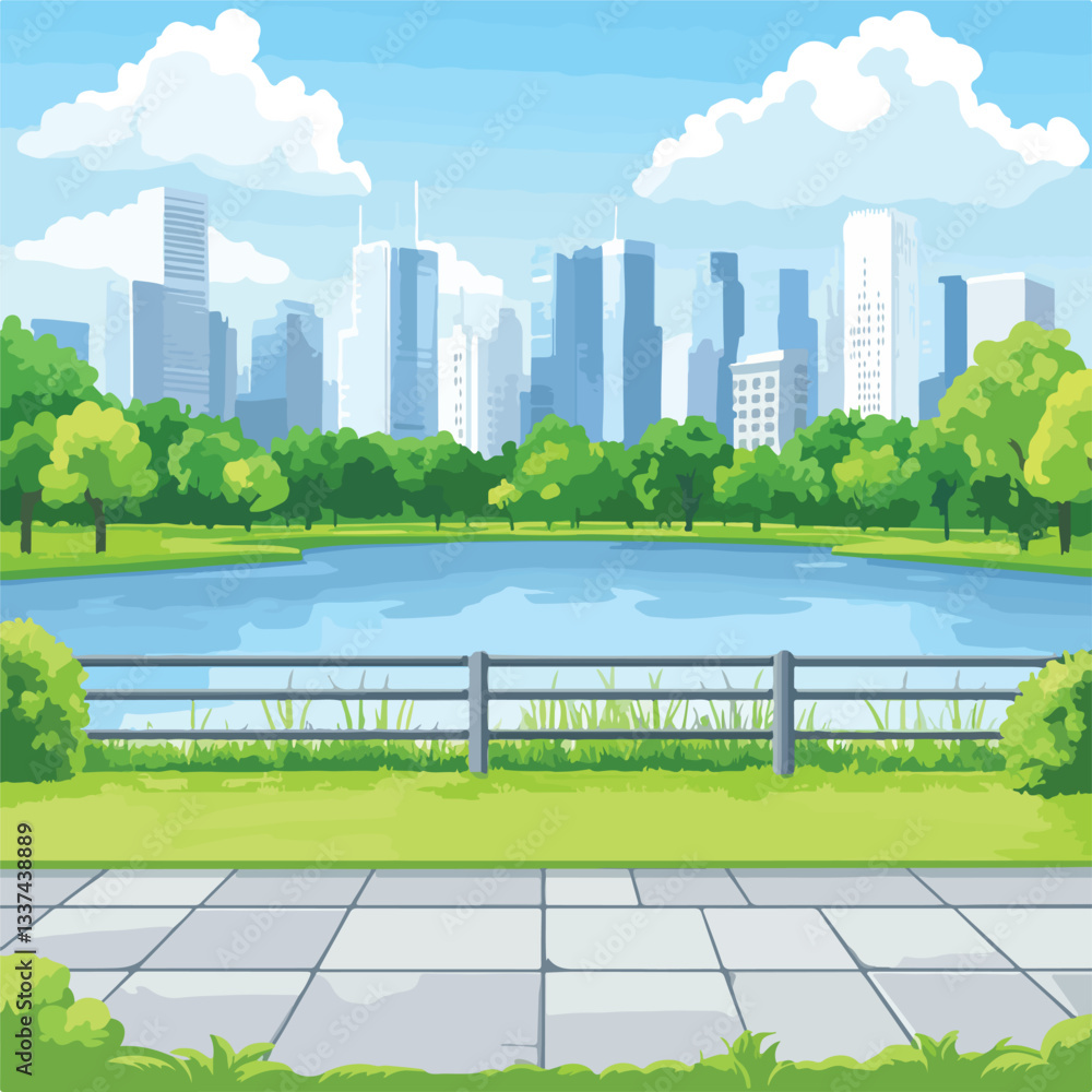 Fototapeta premium Tranquil City Park Scenery with Lake, Green Grass, and Trees
