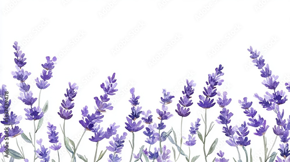 Naklejka premium Beautiful Watercolor Lavender Flowers Botanical Illustration Purple Floral Design Romantic Spring Summer Nature White Background Elegant Lavender 
