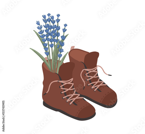Women's boots with a bouquet of lavender. Vector isolated illustration. Design element