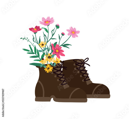 Women's boots with a bouquet of flowers. Vector isolated illustration. Design element
