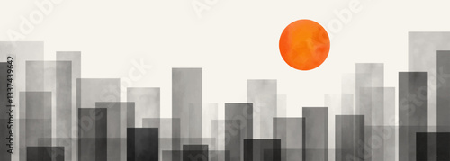 abstract city. Creative minimalist hand painted Abstract art background with watercolor grey rectangle and orange Circle. Design for wall decoration, postcard, poster or banner