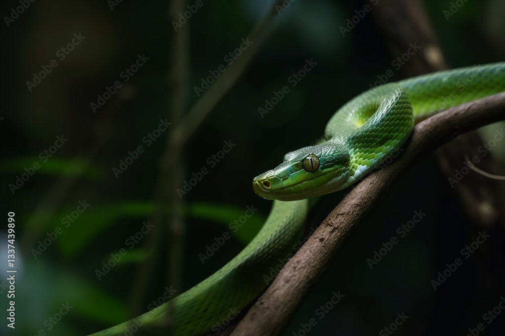 Emerald Gaze: A captivating close-up of a vibrant green tree snake, coiled gracefully on a branch, its piercing eyes offering a glimpse into the untamed beauty of nature. Emerald Gaze: A captivating close-up of a vibrant green tree snake, coiled gracefully on a branch, its piercing eyes offering a glimpse into the untamed beauty of nature.