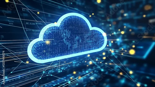 Digital cloud icon surrounded by data streams and glowing lights, symbolizing cloud computing technology
