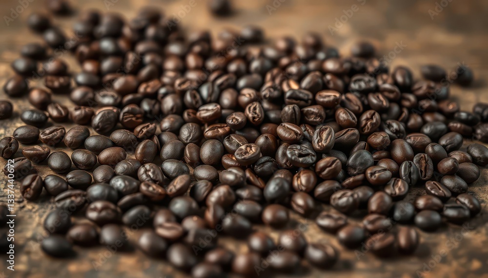 Dark roasted coffee beans scattered on rustic wood, shallow depth of field, still life, texture Dark roasted coffee beans scattered on rustic wood, shallow depth of field, still life, texture