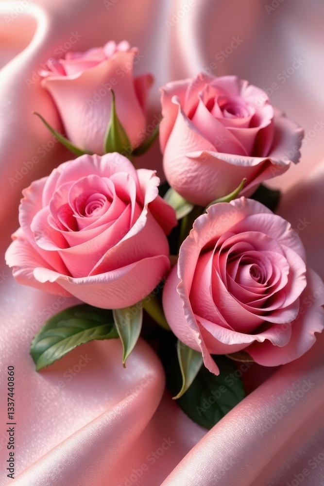Fototapeta premium Delicate pink roses nestled on luxurious silk fabric , macro, beauty, smooth