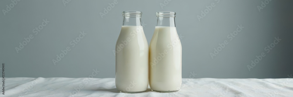 Milk in glass bottle, fabric textures, gray backdrop, bottle, material Milk in glass bottle, fabric textures, gray backdrop, bottle, material