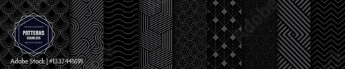 Collection of black decorative seamless geometric patterns. Striped dark luxury elegant vector backgrounds. Monochrome art deco prints