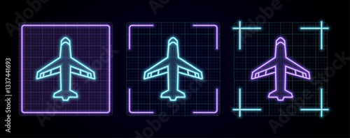 Airplane icon illustration, cyber neon visual, glowing border grid vector.	