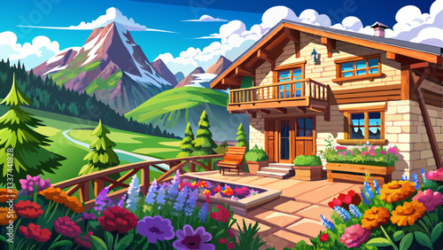 Beautiful summer day with flowers on the balcony of a traditional alpine house in the Alps