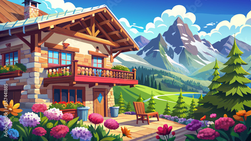 Beautiful summer day with flowers on the balcony of a traditional alpine house in the Alps