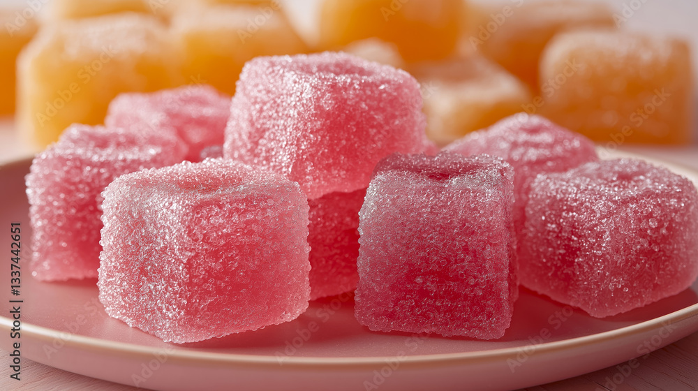 Soft and colorful marmalade candies arranged beautifully, showcasing vibrant fruit flavors against a dreamy pastel background Soft and colorful marmalade candies arranged beautifully, showcasing vibrant fruit flavors against a dreamy pastel background