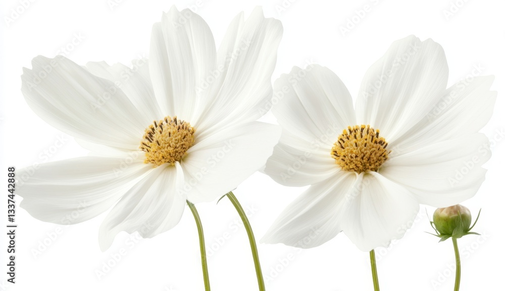 Two white cosmos flowers in close-up, isolated against a pure white background. Delicate petals and central golden stamen, vibrant and fresh Two white cosmos flowers in close-up, isolated against a pure white background. Delicate petals and central golden stamen, vibrant and fresh