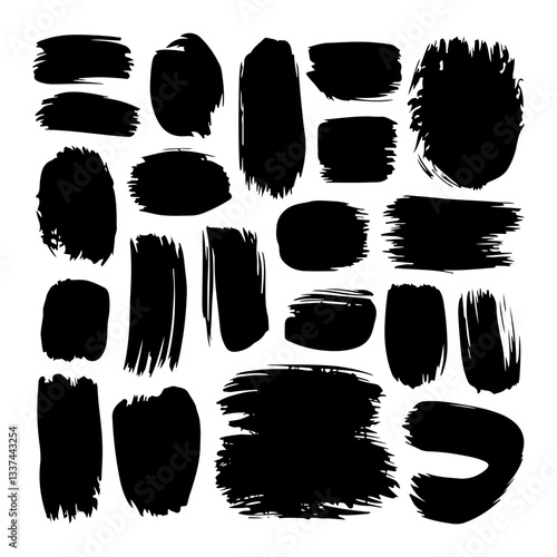 A set of ink strokes and black ink blots in various sizes and shapes. Ideal for creative design, illustration, and artistic layouts.