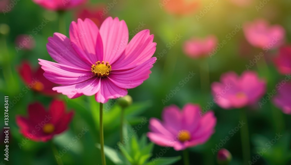 Delicate cosmos blossom, vibrant petals, lush green garden , texture, background, pink Delicate cosmos blossom, vibrant petals, lush green garden , texture, background, pink