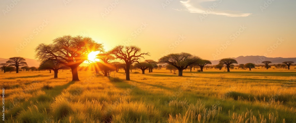Obraz premium Golden sunrise paints acacia trees, long shadows stretch across savanna grass, travel, golden hour